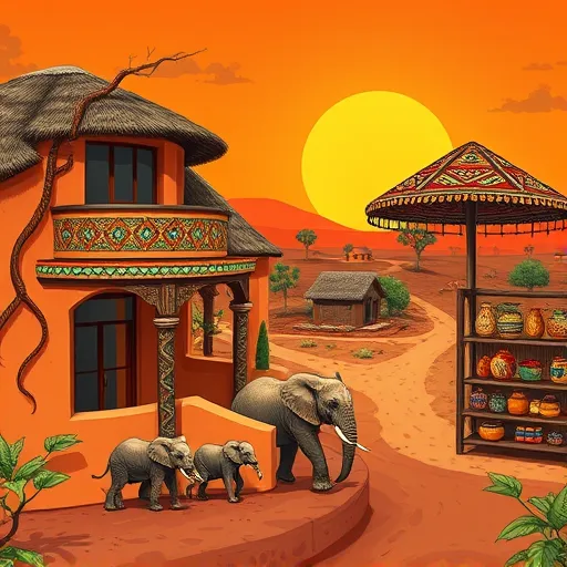 A vibrant scene showcasing innovative house extensions seamlessly integrated with traditional African architecture in a lush, sunlit landscape. The rural village features warm clay-colored walls, thatched roofs, and decorative textile-inspired patterns. One extension includes a colorful mosaic-tiled sunroom, while another has an open-air veranda supported by carved wooden pillars with geometric motifs. Organic vine-like patterns intertwine with the structures, symbolizing growth and community. In the foreground, whimsical African elephants with exaggerated features peek from behind the buildings, adding joyful charm. Nearby, a lively marketplace stall displays handmade pottery, woven baskets, and bright textiles under a patterned parasol, enhancing cultural authenticity. The background reveals a dusty dirt path winding through acacia trees and distant huts, creating a peaceful, rustic atmosphere. The sky glows with warm orange and red tones, suggesting dawn or dusk, casting a gentle, inviting light over the scene. The artwork reflects traditional African art with bold lines and earthy colors, celebrating cultural heritage and contemporary architectural innovation.