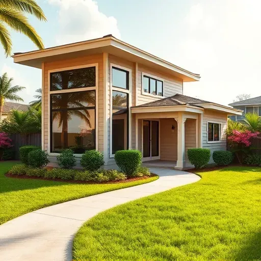 Beautiful finished in-law suite addition in Tampa FL with modern exterior, lush landscaped yard, large windows, and inviting porch