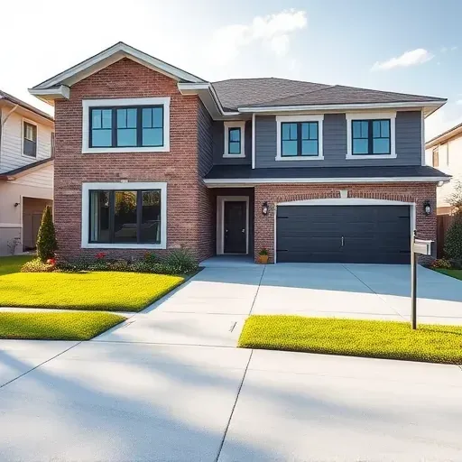Modern Tampa home with a new bump out addition, brick and siding textures, lush front yard, vibrant flowers, driveway