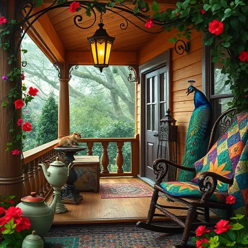 A whimsical and enchanting porch scene featuring a cozy wooden extension of a charming cottage, designed in the intricate and romantic style of the Pre-Raphaelite Brotherhood. The rustic porch is embellished with delicate, curling wrought-iron railings intertwined with blooming ivy and trailing jasmine, creating a lush, organic frame. A vintage lantern hangs softly glowing, casting warm light over embroidered cushions and a small, ornate birdbath nearby. Vibrant jewel-toned flowers—rich reds, royal blues, and emerald greens—nestle among swirling foliage, adding a fairy-tale atmosphere. The background reveals a lush garden with winding stone pathways, filled with detailed, artistically rendered flora, hinting at a secret retreat for nature lovers. Quirky details include a vintage teapot with a playful squirrel perched on its spout and an old-fashioned rocking chair draped with a colorful patchwork quilt, evoking a handmade, personal touch. An elegant, iridescent peacock coils around the porch post, enhancing the scene’s whimsy and grandeur. Overall, the scene exudes tranquility, wonder, and magical nostalgia, characterized by flowing organic lines, richly textured fabrics, and a luminous color palette of deep earthy tones accented with shimmering jewel shades, embodying the romantic and intricate aesthetic of the Pre-Raphaelite art style.