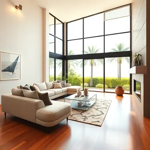 Modern renovated Tampa living room with large windows, hardwood floors, contemporary furniture, lush green views, and stylish decor