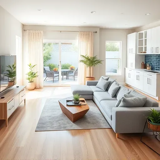 Modern living room in Dunedin, FL with sleek hardwood floors, gray sofa, and elegant kitchen featuring stainless steel appliances.