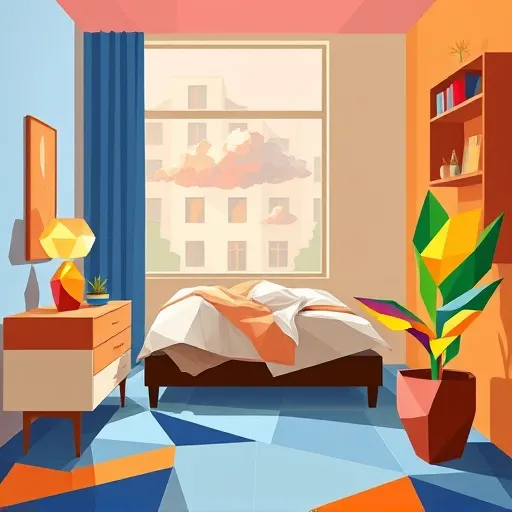 A vibrant cubist-style bedroom scene featuring geometric shapes and fragmented perspectives that create an imaginative, modern sanctuary. The artwork depicts abstracted furniture such as bed frames, nightstands, and shelving constructed from sharp angular planes with overlapping facets, adding layered depth and playful distortion. Bright, harmonious colors—including soothing blues, warm terracotta, soft creams, and subtle ochres—fill the scene, evoking a calm and inviting atmosphere perfect for inspiring innovative home decor. Quirky details include exaggerated, faceted lamps with crystalline shine resembling kaleidoscopes, and a multi-angled potted plant with leaves sliced into colorful shards, adding personality and humor. The background features a fragmented window showing stylized geometric clouds drifting across a sky, suggesting daylight or sunset, with abstract shadows cast on angular floor tiles. Overall, the artwork embodies a sense of peaceful transformation, blending sleek minimalism with artistic chaos—ideal for a blog about creative home improvements and contemporary interior design.