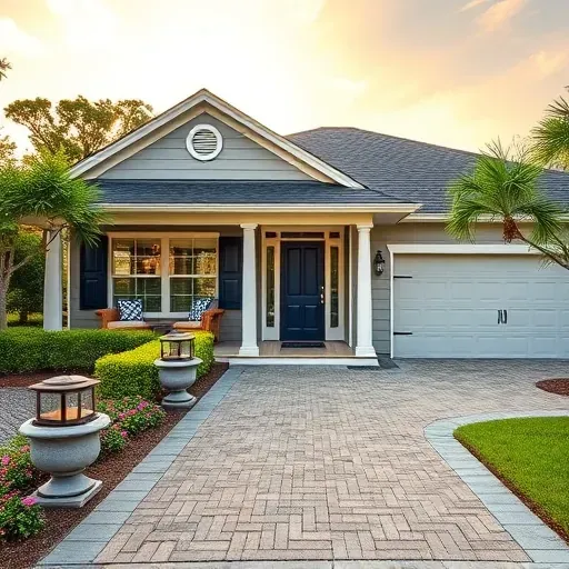 Home remodeling in Bloomingdale FL features a gray facade with navy shutters, lush greenery, and elegant outdoor decor.