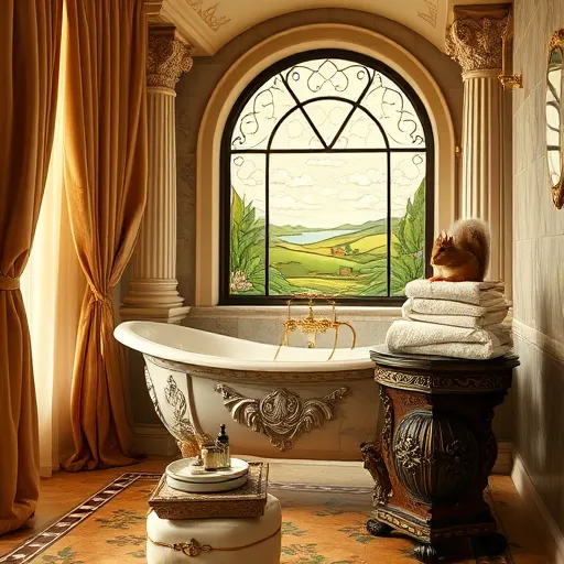 A luxurious bathroom scene inspired by High Renaissance art, featuring an opulent marble bathtub with intricate gold fixtures, surrounded by lush, velvet-draped curtains. Ornate side tables hold vintage glass bottles and delicate soap dishes, subtly animated by tiny fairy-like creatures peeking from behind the accessories. Elegant carved pillars support an arched ceiling painted with soft, swirling clouds, evoking serenity. The detailed mosaic floor showcases abstract floral patterns in warm golden hues, complemented by rich creams, deep terracotta, and touches of emerald green. Nearby, a carved wooden stool holds neatly folded towels, topped with a charming, tiny squirrel wearing a miniature crown. Soft natural light filters through a stained-glass window depicting a tranquil landscape, enhancing the scene’s luxurious and peaceful atmosphere. The composition blends the grandeur of Renaissance artistry with playful, whimsical details, creating a sophisticated yet lively bathroom setting perfect for a blog cover on upscale bathroom upgrades with a quirky personality.