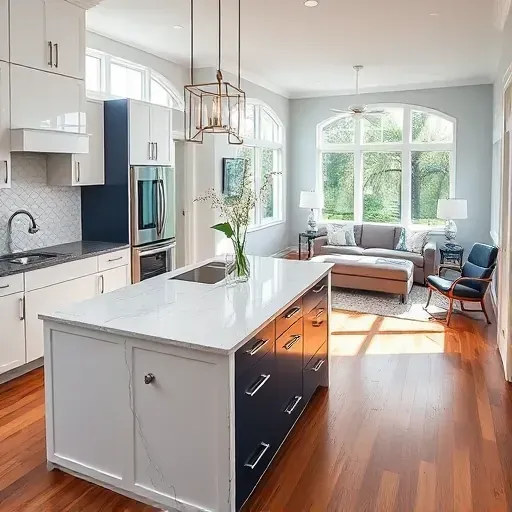 Completed kitchen remodel in Land O' Lakes FL showcasing white cabinetry, navy accents, elegant lighting, and hardwood flooring.