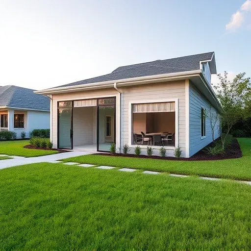 Home addition in Tampa with modern design, large windows, textured siding, and lush landscaping showcasing craftsmanship.