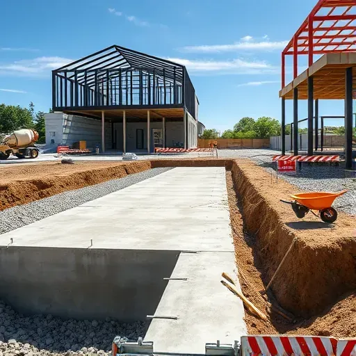 Freshly poured concrete foundation with rebar, gravel-filled trenches, steel beams, construction tools, and sunny Tampa site