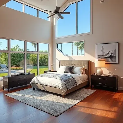 Modern Tampa bedroom addition with large windows, plush king bed, hardwood floors, elegant decor, and lush outdoor views