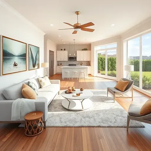 Inviting living room in Brandon FL blends modern and coastal designs with hardwood floors, plush rug, and abundant light.