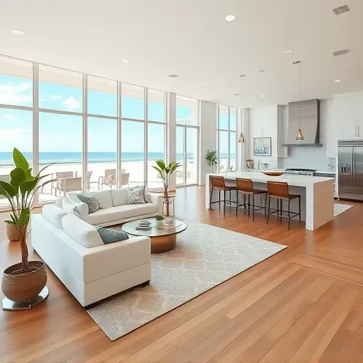 Beautifully remodeled living room in Treasure Island, FL with modern coastal design, natural light, and elegant decor.