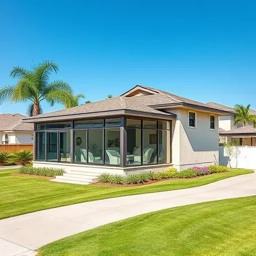 Modern home addition in Tampa with glass sunroom, large windows, landscaped yard, and suburban setting.