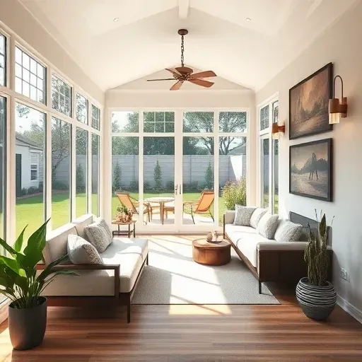 Beautiful enclosed porch in Tampa FL with large glass windows, stylish furnishings, lush greenery, and warm natural light