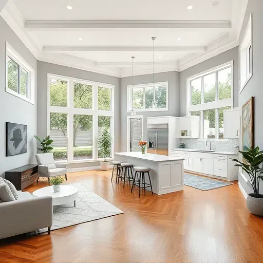 Beautifully renovated Tampa living space with high ceilings, modern kitchen, and abundant natural light.