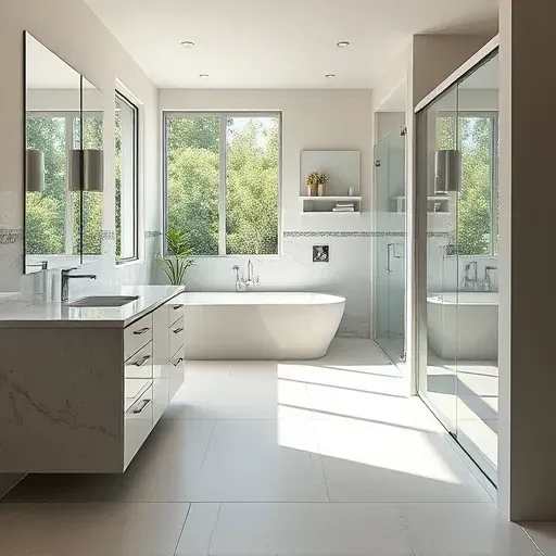 Modern Tampa bathroom with marble countertops, chrome fixtures, large glass shower, lush greenery view, sleek design
