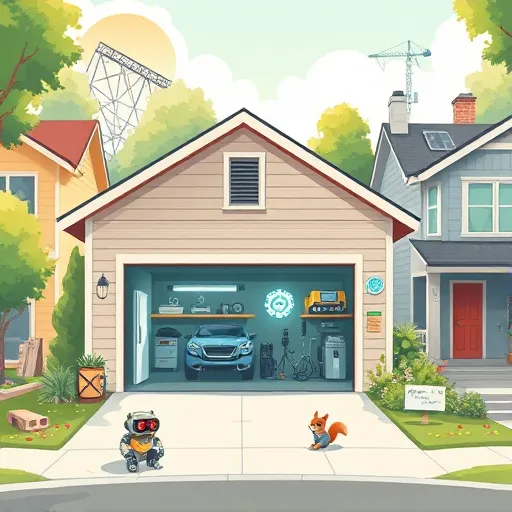 A vibrant, imaginative scene illustrating garage additions, featuring a modern, sleek garage seamlessly connected to a cozy, whimsical home. The garage door is slightly open, revealing innovative workshop tools, floating car parts, glowing holographic schematics, and tiny robotic arms, symbolizing creative renovation. Lush greenery surrounds the scene, with playful garden gnomes dressed as engineers and quirky sculptures enhancing charm. The lively suburban street background showcases neighboring houses with inventive modifications, such as solar panels and rooftop gardens. Bright, soothing colors like soft greens, warm yellows, and cool blues create a calm, productive atmosphere infused with fun. The art style blends realistic elements with surreal touches, including floating blueprints and stylized gear motifs. Hidden details—a robot cleaning, a squirrel inspecting a toolset, and holograms of future plans—add personality and discovery. Overall, this conceptual artwork highlights the innovative and creative transformation involved in garage additions, blending professionalism with playful creativity for an inviting visual.