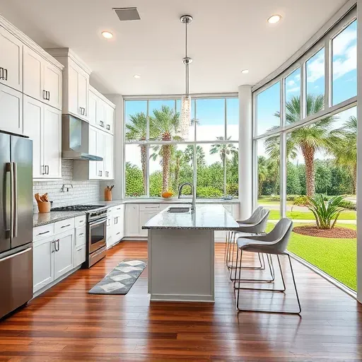 Modern kitchen remodeling in Seffner FL featuring white cabinets, granite island, subway tile, and tropical outdoor view.