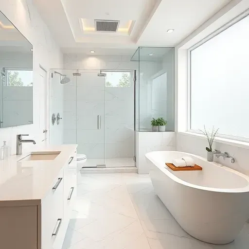Remodeled Tampa bathroom with marble countertops, glass shower, soaking tub, modern decor, and natural lighting