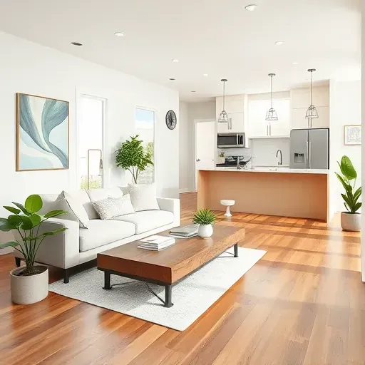 Bright open-concept living space in Sun City Center with hardwood floors, modern furniture, and lush indoor plants.