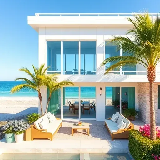 Beautiful beachside home remodel in Clearwater Beach FL with pastel colors, large windows, and lush landscaping.