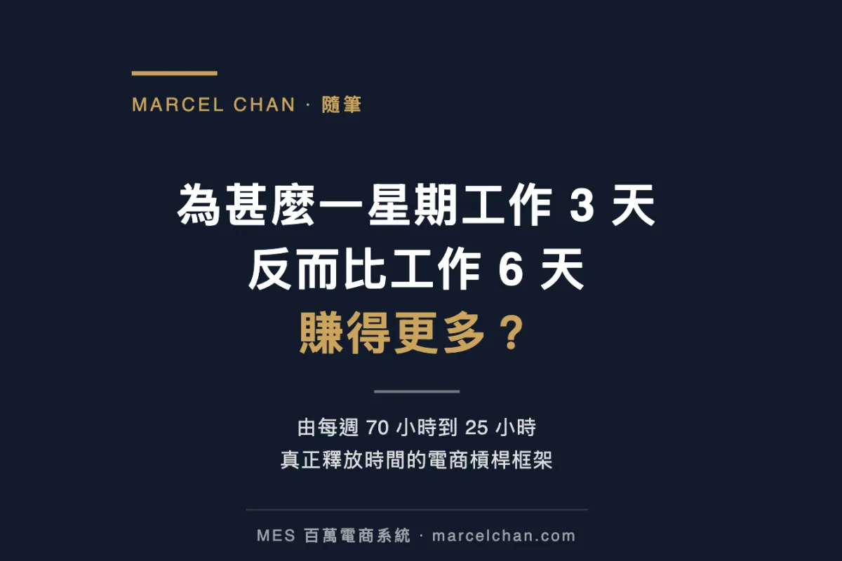 Marcel Chan分享一星期工作3天賺得更多的電商槓桿框架，MES百萬電商系統揭開時間管理真相