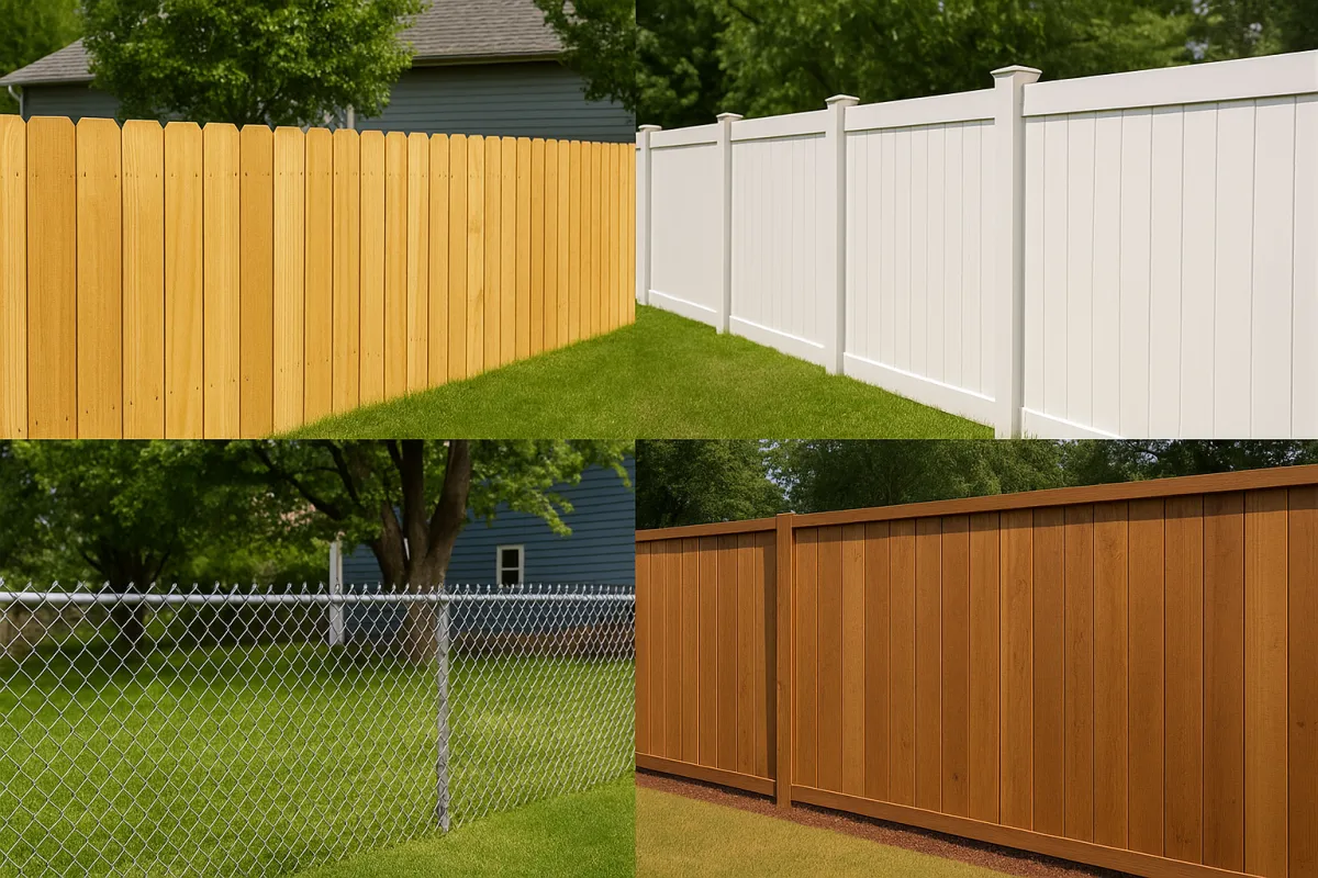 Collage of fence types including wooden privacy fence, vinyl privacy fence, chain-link fence, and modern wood fence installation in Carolina backyards; professional fence installation, privacy fencing, wood fence contractor, vinyl fence installer, and Carolina fence company services.