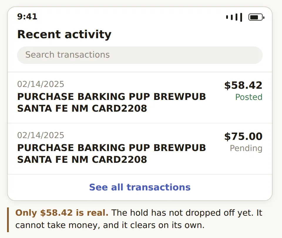 A banking app showing 58.42 posted and 75.00 still pending for the same bar tab
