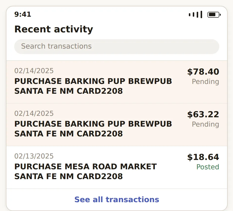A banking app showing two separate pending holds from the same bar tab on the same date