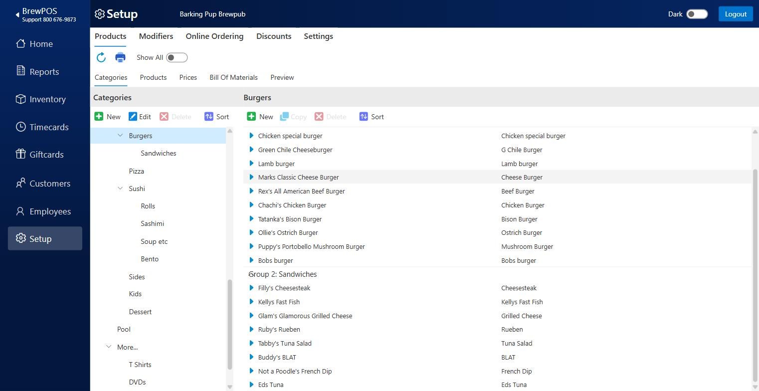 Setup, Products, Categories, a category selected, and the two sets of buttons