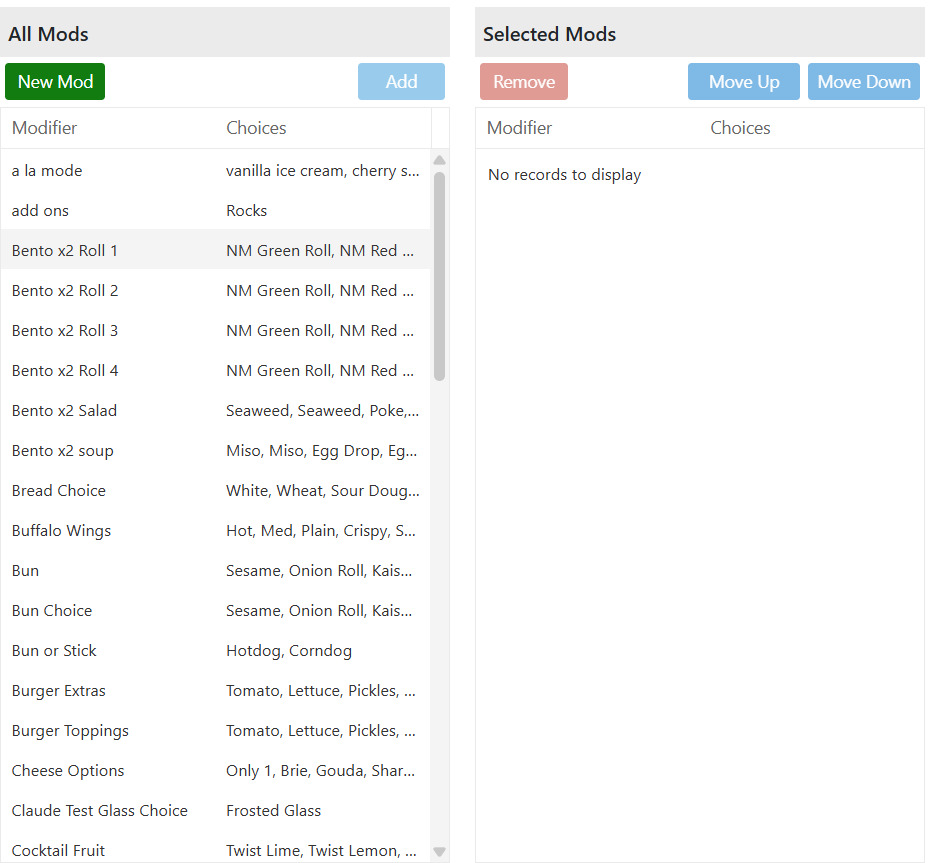 Select Modifiers: everything available on the left, everything this product asks on the right