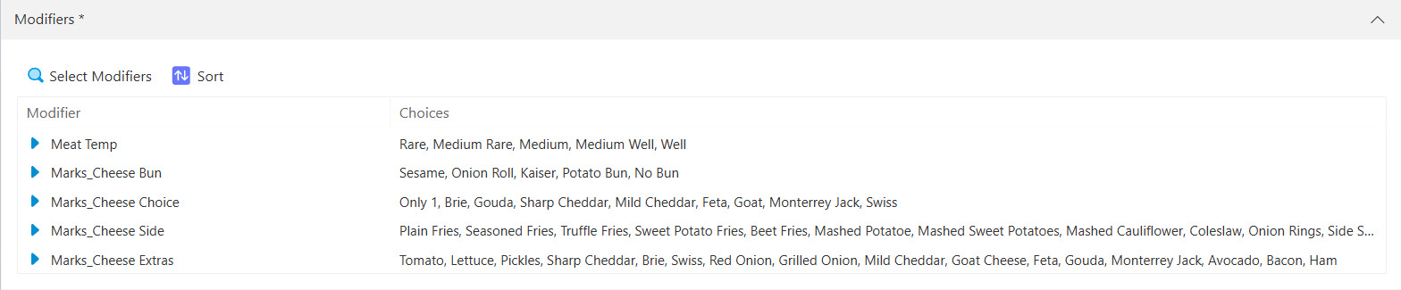 The finished modifier list on the product