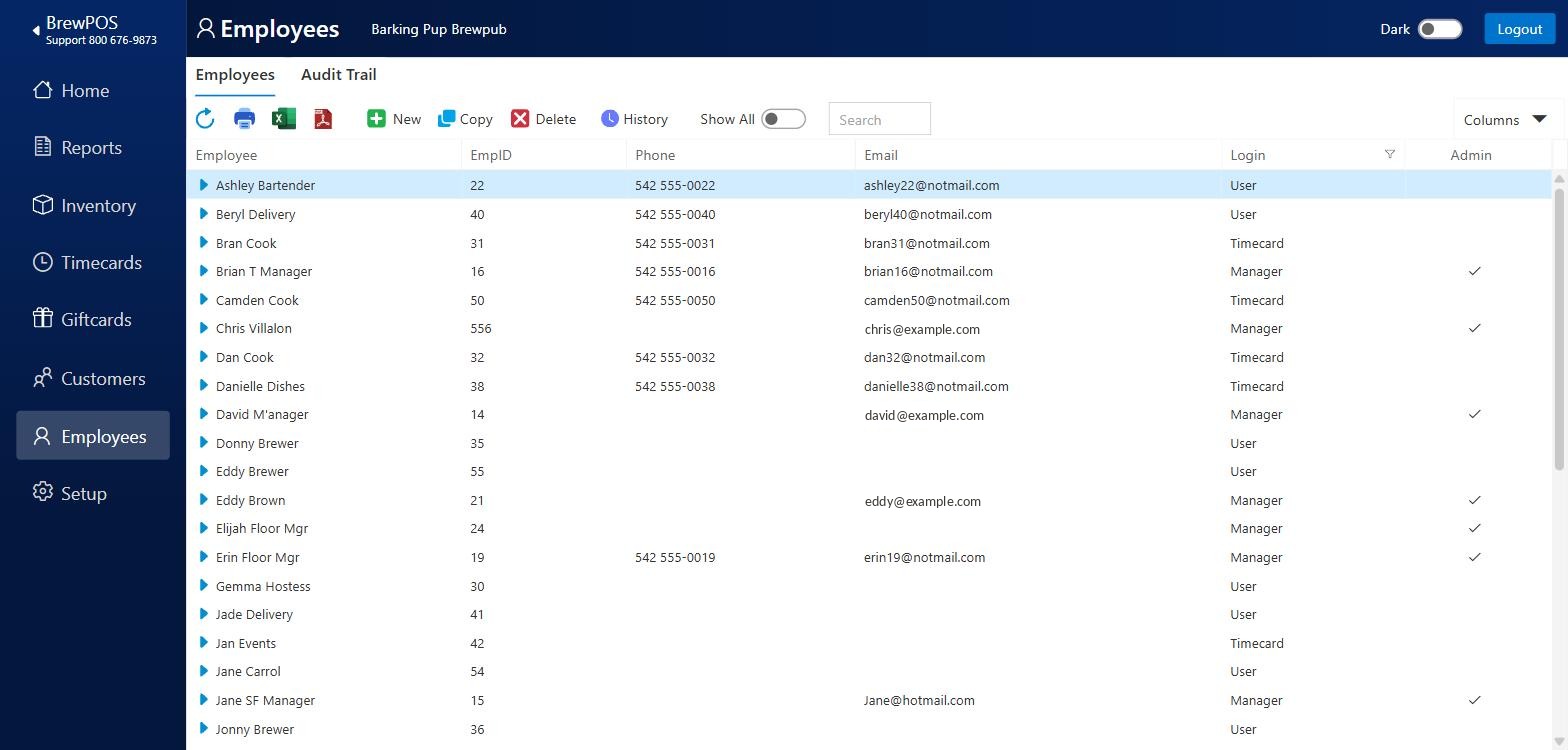 The Employees screen: the staff list with the blue arrow at the left of each row, and the New, Copy, Delete and History buttons in the toolbar