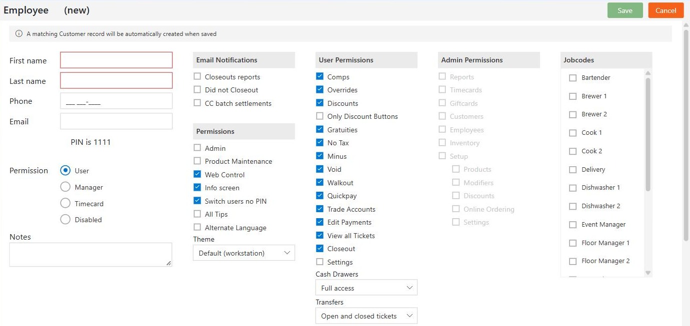 A new record the moment User is chosen: most of the POS permissions are already ticked, with Cash Drawers at Full access