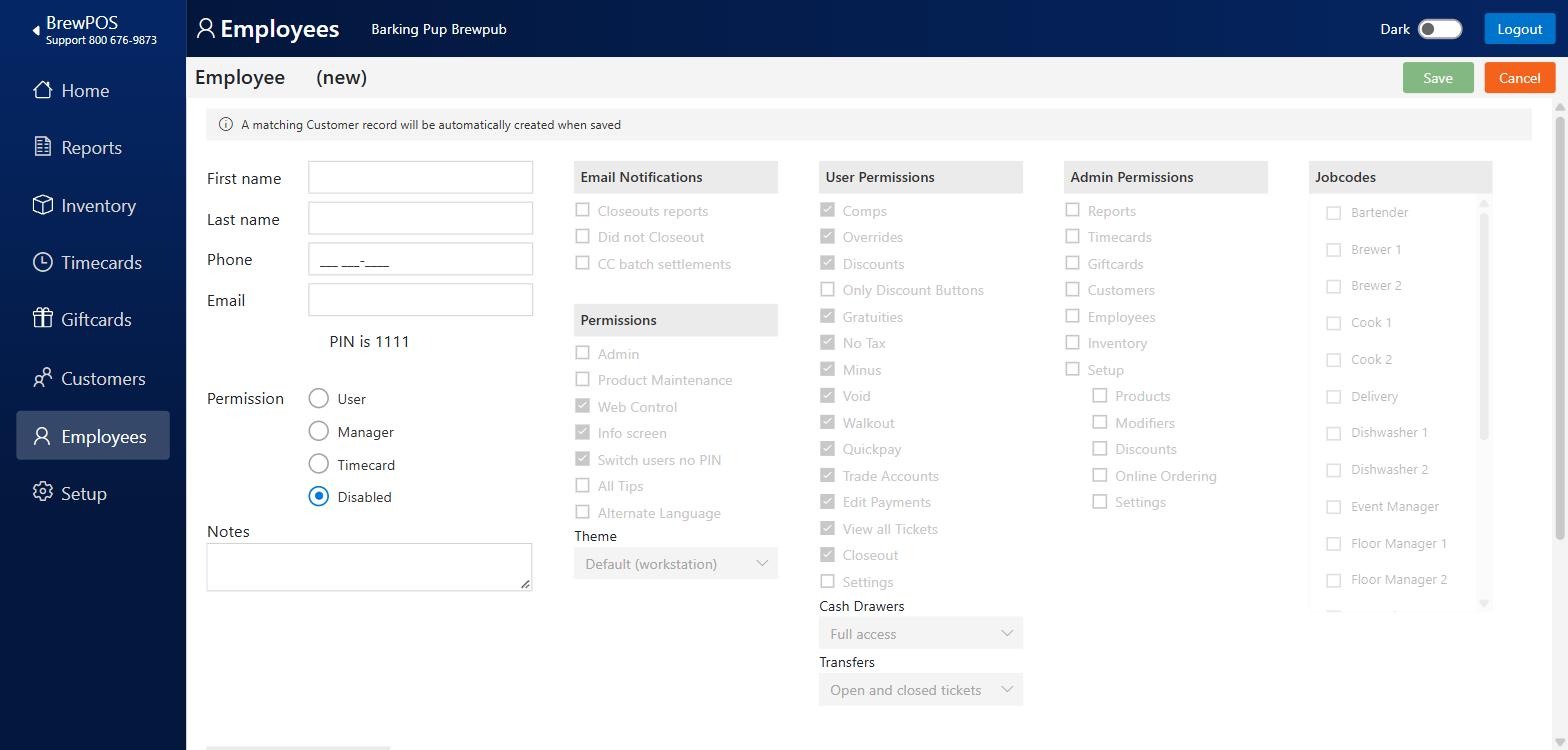 A new, blank employee record headed Employee (new), with the customer record note across the top, PIN is 1111, and Permission set to Disabled