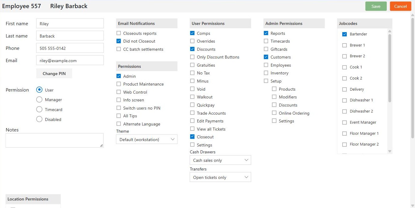 Riley Barback's saved record: User level, Comps, Discounts and Closeout ticked, Cash Drawers at Cash sales only, Admin with Reports and Customers
