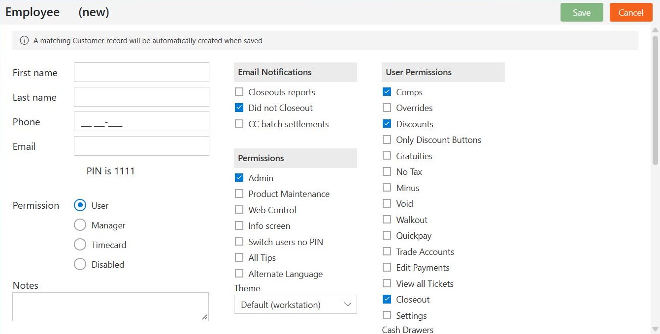 A copy of Riley headed Employee (new): the name, phone and email boxes are empty, and the level, permissions, drawers, admin access, job codes and locations are all carried across