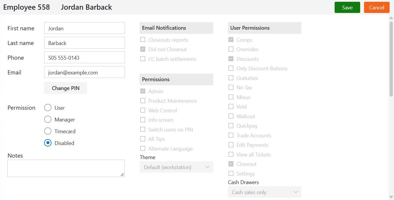 A disabled employee record: Permission set to Disabled, with the earlier settings kept but greyed out