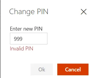 The Change PIN box showing Invalid PIN under a short PIN, with the Ok button greyed out