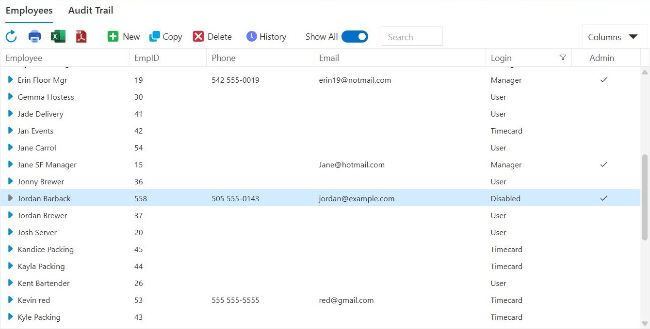 The staff list with Show All switched on, showing a disabled employee with Disabled in the Login column