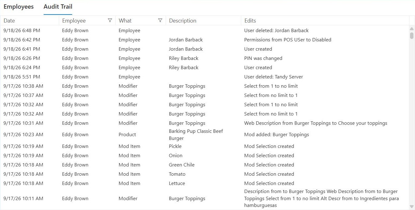 The Audit Trail tab: a list of changes with Date, Employee, What, Description and Edits columns, newest first