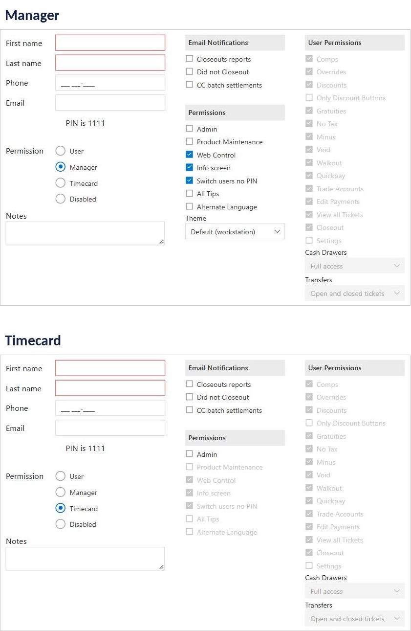 The same new record shown twice: at Manager the User Permissions block is grey; at Timecard every POS permission is grey but Admin stays available