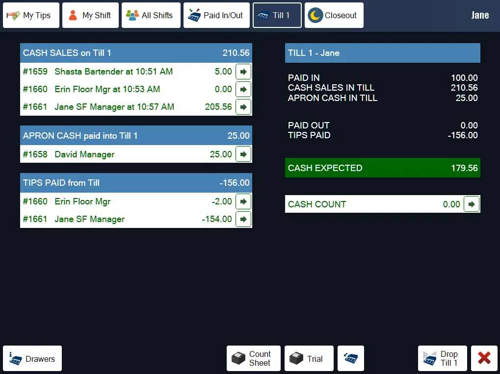 The Drop screen. Cash Expected is what should be in the drawer