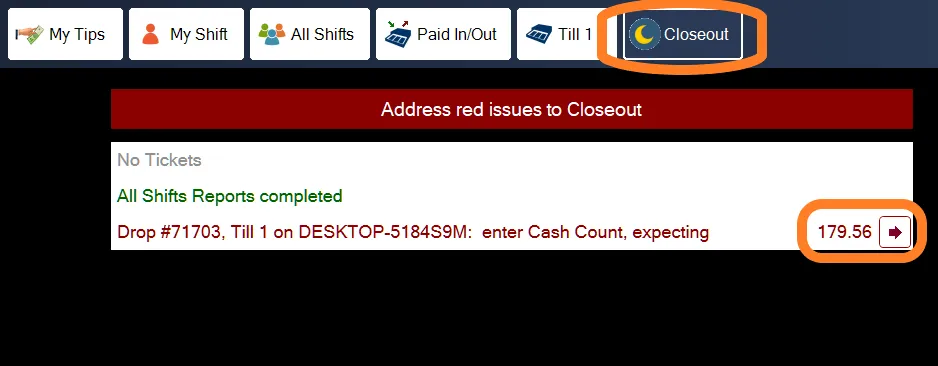 An uncounted drop, with the red arrow to enter the count