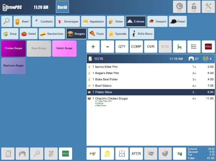 The order screen. Chair and Table are in the toolbars