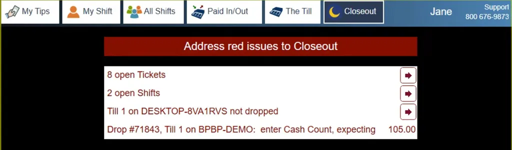 The Closeout tab. The last line is a drop waiting for its count