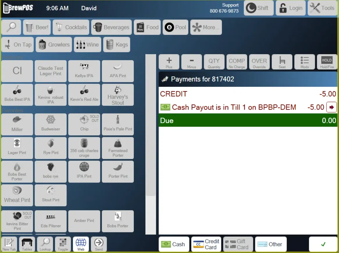 The payment window after Cash is tapped: Cash Payout is in Till 1 for -5.00 and Due 0.00