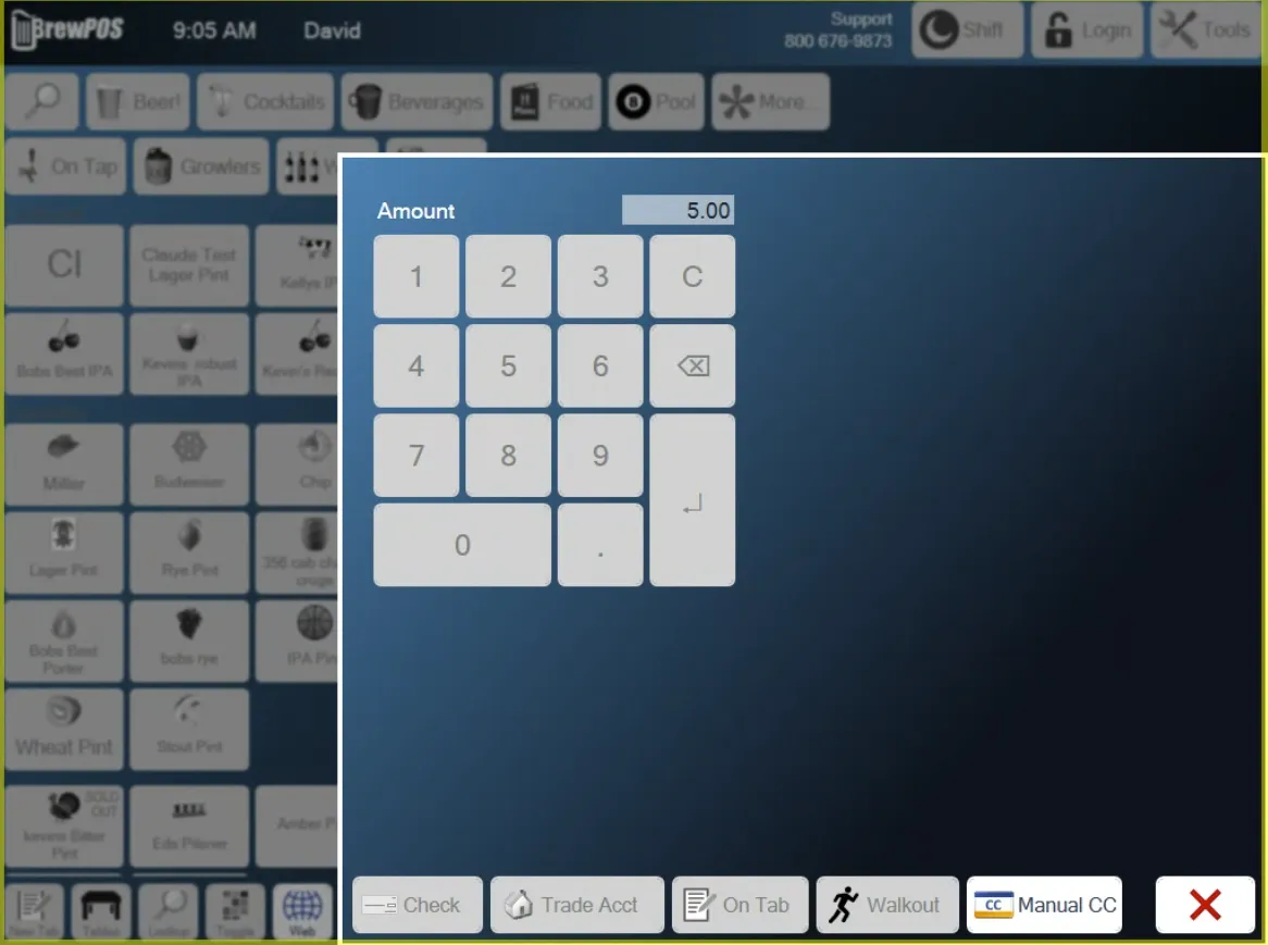 The Other payments screen with Check, Trade Acct, On Tab, Walkout and Manual CC along the bottom