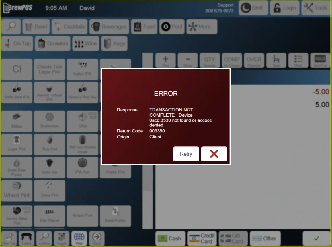 The register error reading ERROR, TRANSACTION NOT COMPLETE, with Retry, shown when the card device cannot be reached