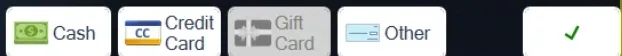 The row of payment buttons: Cash, Credit Card, Gift Card and Other