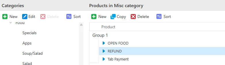 BREW POS Admin category list with More... and Misc open, showing REFUND under Products in Misc category